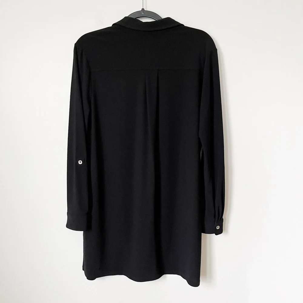 Susan Graver Liquid Knit Button Down Shirt Dress Womens Medium Black